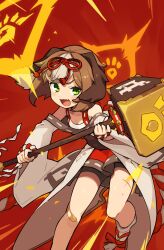 1girl :3 :d animal_ears bandaid bandaid_on_knee bandaid_on_leg bare_shoulders bike_shorts blush_stickers brown_hair chinese_zodiac commentary_request dog_ears fang hair_ribbon hammer highres holding holding_hammer japanese_clothes kimono long_sleeves looking_at_viewer open_mouth original red_background red_ribbon red_sandals ribbon sandals short_hair smile socks solo tabi tekka_maki_(wafuu-bune) v-shaped_eyebrows white_kimono white_socks wide_sleeves year_of_the_dog