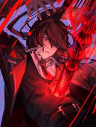 1boy absurdres belt black_coat blood blood_from_mouth blue_eyes brown_eyes brown_hair coat collared_shirt heterochromia highres hong_lu_(project_moon) impaled jepea0 limbus_company male_focus necktie ponytail project_moon red_necktie shirt solo surprised tears_of_the_tarnished_blood_(e.g.o) white_shirt
