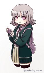 1girl animal_bag asaka_lucy black_thighhighs blush cat_bag closed_mouth danganronpa_(series) danganronpa_2:_goodbye_despair flipped_hair galaga gradient_background grey_background handheld_game_console highres holding holding_handheld_game_console hood hood_down long_sleeves medium_hair miniskirt nanami_chiaki no_nose pink_bag pink_eyes pleated_skirt simple_background skirt smile solo spaceship_hair_ornament thighhighs zettai_ryouiki