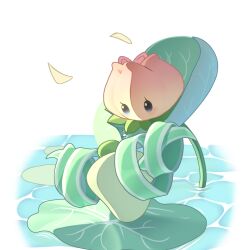 blue_eyes face-to-face falling_petals flower highres leaf lily_(flower) lily_pad looking_at_another no_humans no_mouth petals pink_flower plant plant_focus plants_vs._zombies plants_vs._zombies_2 plants_vs._zombies_2_(chinese) power_lily princess_spring_grass sidelighting simple_background solid_oval_eyes veghia water yellow_petals