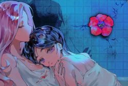 2girls alien_stage black_hair blood blood_on_clothes chinese_commentary closed_eyes commentary crack cracked_wall different_shadow dress flower highres kissing_head long_hair mizi_(alien_stage) multiple_girls nosebleed parted_lips pink_hair purple_eyes red_flower shadow short_hair sleeveless sleeveless_dress sua_(alien_stage) tile_wall tiles white_dress yezi0331