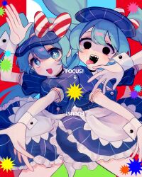 2girls apron arm_up black_choker black_eyes blue_background blue_eyes blue_hair blue_hat bow choker clone collared_dress commentary_request diagonal-striped_bow dress floating_hair hair_between_eyes hand_up hat hat_bow hatsune_miku highres letterboxed long_hair looking_at_viewer mesmerizer_(vocaloid) multiple_girls open_mouth outstretched_arm outstretched_hand pinstripe_dress pinstripe_hat pinstripe_pattern puffy_sleeves red_bow sailor_collar sharp_teeth shizumu_(shi_zumu) short_sleeves solid_circle_eyes star-shaped_pupils star_(symbol) symbol-shaped_pupils teeth tongue tongue_out twintails upper_teeth_only vocaloid waist_apron white_apron white_background white_bow white_sailor_collar white_wrist_cuffs wrist_cuffs