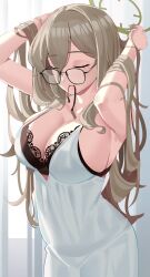 1girl absurdres akane_(blue_archive) blue_archive breasts brown_hair closed_eyes glasses haerge halo highres large_breasts lingerie long_hair messy_hair smile underwear