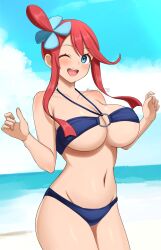 1girl artist_name bikini blue_bikini blue_eyes blue_sky blush breasts collarbone commentary_request day groin hands_up highres large_breasts looking_at_breasts looking_at_viewer navel nintendo o-ring o-ring_bikini o-ring_top one_eye_closed open_mouth outdoors pokemon pokemon_bw red_hair sky skyla_(pokemon) smile solo surippa1010 swimsuit teeth twitter_username underboob upper_teeth_only