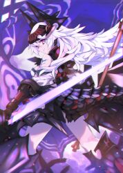 Rule 34 | 1girl, arm tattoo, armor, bare shoulders, chain chronicle, chromatic aberration, flag, fluffy hair, from below, from side, gauntlets, helmet, holding, holding flag, holding sword, holding weapon, koto suomi, original, pink eyes, reverse grip, solo, sword, tail, tattoo, thighs, weapon, white hair