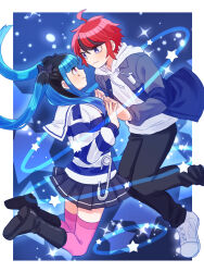 1boy 1girl amemiya_darumi black_boots black_hair black_pants black_skirt blue_background blue_eyes blue_hair boots border grey_hoodie heart highres holding_hands hood hoodie long_sleeves looking_at_another multicolored_hair pants pink_eyes pink_thighhighs pleated_skirt profile red_hair safety_pin shirt shoes short_hair skirt star_(symbol) striped_clothes striped_shirt sumino_takumi the_hundred_line_-last_defense_academy- thighhighs twintails white_border white_shirt white_shoes