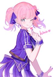 1girl back_bow bow closed_mouth commentary corrupted_twitter_file cowboy_shot diamond_earrings earrings finger_heart fingernails from_side girls_band_cry gradient_hair grey_eyes hair_ribbon hand_up heart highres hina_(girls_band_cry) jacket jewelry looking_at_viewer looking_to_the_side multicolored_hair one_eye_closed outline pealerprpr pink_hair pink_outline pleated_skirt purple_bow purple_hair purple_jacket purple_nails purple_ribbon purple_wrist_cuffs ribbon short_hair short_sleeves sidelocks simple_background skirt smile solo striped_clothes striped_skirt tongue tongue_out twintails two-tone_skirt vertical-striped_clothes vertical-striped_skirt w white_background white_trim wrist_cuffs yellow_trim