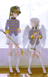 2girls band_uniform boots braid brown_eyes brown_hair closed_mouth emblem feathered_wings feiqizi_(fkey) fkey hat highres holding holding_baton holding_instrument holding_trumpet instrument knees_together_feet_apart looking_at_another marching_band marching_band_baton multiple_girls original pleated_skirt shako_cap skirt trumpet white_boots white_hair white_skirt white_wings wings