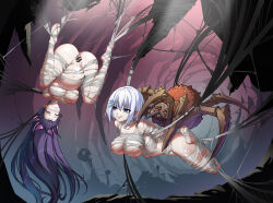 2girls absurdres animal bar_censor bestiality big_belly blue_eyes breasts bug cave censored completely_nude date_a_live egg_implantation gagged highres large_breasts long_hair multiple_girls nipples nude oversized_animal purple_hair pussy rape restrained rolling_eyes short_hair silk spider spider_web suspension tobiichi_origami upside-down white_hair yatogami_tohka yukumo_no_ki