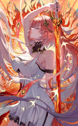 1girl arm_up bare_shoulders black_collar body_markings braid breasts changli_(wuthering_waves) cleavage closed_eyes collar colored_extremities commentary cowboy_shot dress english_commentary feather_hair fingernails from_side hair_extensions hair_ornament highres holding holding_sword holding_weapon large_breasts long_hair multicolored_hair no_jacket parted_lips pink_hair red_hands ring_hair_extensions ruoruoqiu solo sword tacet_mark_(wuthering_waves) twin_braids two-tone_hair very_long_hair weapon white_dress white_hair wuthering_waves