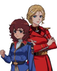 2girls amuro_ray blonde_hair blue_eyes breasts brown_hair char&#039;s_counterattack char_aznable clenched_hand closed_mouth commentary_request crossed_arms genderswap genderswap_(mtf) gundam highres light_frown light_smile long_hair long_sleeves looking_at_viewer military_uniform multiple_girls simple_background yy0880yy