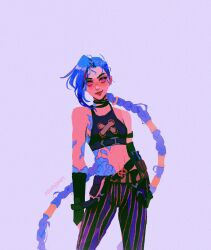 Rule 34 | arcane: league of legends, arcane jinx, arm tattoo, artist name, bare shoulders, blue hair, braid, choker, cowboy shot, crop top, fingerless gloves, gloves, highres, itsbabypears, jinx (league of legends), league of legends, long hair, looking at viewer, midriff, pants, pink background, pink eyes, purple hair, simple background, smile, stomach tattoo, striped clothes, striped pants, tattoo, very long hair