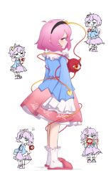 Rule 34 | 1girl, :3, ay606078, black hairband, blue shirt, closed mouth, collared shirt, commentary, eyeball, floral print, frilled shirt collar, frilled sleeves, frills, hair ornament, hairband, heart, heart hair ornament, highres, komeiji satori, long sleeves, looking at viewer, looking back, multiple views, open mouth, pink eyes, pink hair, pink skirt, pink slippers, print skirt, rose print, shirt, skirt, sleeves past fingers, sleeves past wrists, slippers, socks, third eye, touhou, white socks, wide sleeves