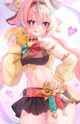 1girl :p ahoge animal_ears aqua_hair blush braid breasts brown_skirt cow_ears cow_girl cow_horns cow_tail crop_top genshin_impact hairband highres holding holding_sack horns large_breasts long_hair looking_at_viewer midriff multicolored_hair navel neck_tattoo pink_hair purple_eyes ruarua0819 sack skirt solo stomach streaked_hair tail tattoo tongue tongue_out twin_braids varesa_(genshin_impact) yellow_sleeves