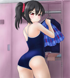 1girl ass black_hair embarrassed flat_chest hairband highres locker locker_room looking_at_viewer looking_back love_live! love_live!_school_idol_project panties red_eyes school_swimsuit skirt swimsuit thighs twintails underwear undressing unworn_panties unworn_skirt yazawa_nico yozora_takayama