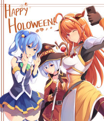 Rule 34 | 3girls, ahoge, alternate costume, amane kanata, aqua (konosuba), aqua (konosuba) (cosplay), armor, bare shoulders, blonde hair, blue hair, blush, cellphone, cosplay, darkness (konosuba), darkness (konosuba) (cosplay), detached sleeves, double v, dragon horns, fingerless gloves, gloves, hair ornament, halloween, happy halloween, hat, highres, holding, holding phone, hololive, horns, hoshimachi suisei, kiryu coco, kono subarashii sekai ni shukufuku wo!, long hair, maullarmaullar, megumin, megumin (cosplay), miniskirt, multicolored hair, multiple girls, one eye closed, open mouth, orange hair, phone, ponytail, selfie, short hair, silver hair, skirt, smartphone, thighhighs, v, virtual youtuber, witch hat, x hair ornament