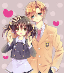 Rule 34 | 00s, 1boy, 1girl, bad id, bad pixiv id, black hair, blonde hair, blue eyes, brother and sister, brown eyes, clannad, heart, naeko, school uniform, short hair, siblings, sunohara mei, sunohara youhei, tomepo (naeko), twintails