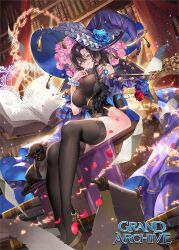 1girl arm_support black_cat black_leotard black_thighhighs blue_flower blue_robe book breasts brown_hair cat copyright_name detached_sleeves falling_petals flower frilled_hat frilled_wristband frills grand_archive green_eyes hair_between_eyes hair_over_shoulder hand_up hanh_chu hat hat_flower hat_tassel high_heels highres huge_breasts lace lace-trimmed_thighhighs lace_trim leotard library library_witch_(grand_achive) long_hair looking_at_viewer magic mole mole_under_mouth official_art on_table open_book orange_cat oversized_clothes oversized_hat parted_bangs petals pink_flower pink_nails purple_hat purple_robe robe rose round_eyewear scroll single_detached_sleeve single_sleeve sitting smile solo stiletto_heels table thighhighs tight_clothes two-sided_robe witch_hat
