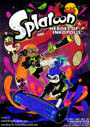 1boy 2girls agent_3_(splatoon) artist_name bike_shorts blue_hair clementine_lanark_(tamarinfrog) company_name copyright_name cover cover_page green_eyes ink_tank_(splatoon) inkling inkling_boy inkling_girl inkling_player_character multiple_girls nintendo octarian_(enemy) octotrooper orange_hair paint_roller purple_eyes red_hair splatoon_(series) splatoon_1 squidbeak_splatoon super_soaker takozonesu tamarinfrog tentacle_hair watermark web_address whinter_castello_(tamarinfrog) zapfish
