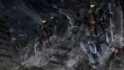 2boys absurdres army assault_rifle assault_visor building cloud company_name copyright_notice damaged debris dust_cloud earth_federation gm_(mobile_suit) gm_quel gun gundam gundam_0083 gundam_battle_operation_2 helmet highres holding holding_gun holding_weapon machinery mecha mecha_focus military_uniform mobile_suit multiple_boys night official_art painting_(medium) realistic rifle robot ruins scan science_fiction shield soldier sunrise_(company) tenjin_hidetaka titans_(gundam) traditional_media weapon when_you_see_it window yellow_visor