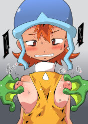 Rule 34 | 1girl, blush, digimon, digimon adventure, female focus, gekomon, hat, nipples, orange hair, short hair, takenouchi sora