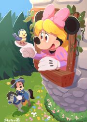 1boy 1girl animal_ears bird bow cosplay dress gloves hair_bow highres horse long_hair long_sleeves looking_at_viewer mickey_mouse mickey_mouse_&amp;_friends minnie_mouse open_mouth rapunzel_(disney) rapunzel_(disney)_(cosplay) rapunzel_(fairy_tale) rapunzel_(fairy_tale_character) rapunzel_(fairy_tale_character)_(cosplay) shirt smile takatmaorange white_gloves