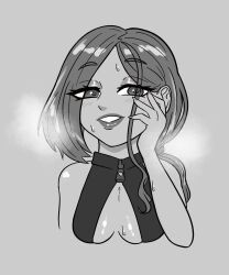 Rule 34 | 1girl, bare shoulders, blush, breasts, breath, cleavage, commentary, english commentary, eyelashes, gift art, grey background, greyscale, hand on own face, highres, lips, looking at viewer, medium breasts, medium hair, monochrome, original, pace r18, parted lips, shiny skin, simple background, smile, solo, steam, sweat, upper body, zipper, zipper pull tab