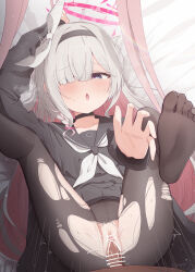 1boy 1girl :o absurdres artist_name bar_censor black_hairband black_pantyhose black_serafuku black_skirt blue_archive blush bow bowtie censored choker colored_inner_hair eyes_visible_through_hair foot_out_of_frame grey_eyes hair_over_one_eye hairband halo hetero highres huge_filesize kabomeel_lse loli long_hair looking_at_viewer lying multicolored_hair on_back open_mouth paid_reward_available pantyhose penis pink_hair pink_halo plana_(blue_archive) pov pov_crotch pussy_juice reaching reaching_towards_viewer school_uniform serafuku sex signature skirt soles solo_focus toes torn_clothes torn_pantyhose two-tone_hair vaginal white_bow white_bowtie white_hair