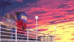 :&lt; against_railing androgynous animal_ears animal_hat animated animated_gif artist_name avolicis beanie bench black_headwear black_mittens black_pants blue_hair blue_scarf breath brown_coat brown_headwear cat_ears cat_hat closed_mouth coat colored_sclera commentary english_commentary evening glitch hat highres jacket lamp long_sleeves looking_afar looking_ahead mittens niko_(oneshot) one_eye_closed oneshot_(game) overcoat pants pixel_art railing red_jacket scarf sky sleeves_past_wrists slit_pupils snow sunset transparent whiskers yellow_sclera