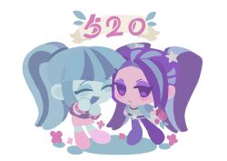 2girls absurdres aqua_hair aria_blaze aria_blaze_(human) blue_hair blue_skin blush chibi chibi_only chinese_commentary closed_eyes colored_skin commentary_request couple eyeshadow flower hair_ornament happy high_ponytail highres long_hair looking_at_viewer lwen makeup multicolored_hair multiple_girls my_little_pony my_little_pony:_equestria_girls my_little_pony:_friendship_is_magic no_lineart ponytail purple_eyes purple_eyeshadow purple_hair purple_skin simple_background smile sonata_dusk sonata_dusk_(human) star_(symbol) star_hair_ornament streaked_hair twintails white_background yuri