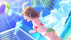 1girl artist_request ball bang_dream! beach bikini blue_sky brown_eyes brown_hair cloud cloudy_sky day feet_out_of_frame highres medium_hair nature ocean official_art open_mouth outdoors palm_tree sky solo standing swimsuit teeth toyama_kasumi tree upper_teeth_only volleyball_net