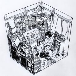 1girl akira_(manga) arrow_(symbol) backpack bad_id bad_twitter_id bag barefoot blunt_bangs bob_cut book bookshelf boombox bubble_tea calendar_(object) chair character_request clock commentary_request computer copyright_request cuckoo_clock cup cup_holder curtains desk desk_lamp digital_clock diorama dress fish_tank full_body greyscale gun highres hourglass indoors instrument kondate_(inugrm) lamp laptop maromi monitor monochrome mousou_dairinin office_chair paper poster_(object) radio randoseru recursion recycle_bin recycling_symbol rug ruler sanrio scissors shelf short_dress short_hair simple_background sitting solo stuffed_animal stuffed_dog stuffed_toy swivel_chair teddy_bear weapon white_background window winnie_the_pooh wooden_floor