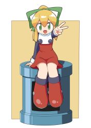 1girl blonde_hair cocia_(kosianko) dress energy_tank full_body green_eyes high_ponytail highres mega_man_(classic) mega_man_(series) open_mouth ponytail red_dress roll_(mega_man) simple_background sitting smile solo v