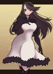 Rule 34 | 1girl, agnes oblige, bravely default: flying fairy, bravely default (series), breasts, brown eyes, brown hair, dress, long hair, missandydandy, outside border, solo, swept bangs