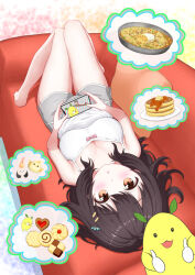 1girl 1other :o black_hair blush breasts brown_eyes camisole cellphone cleavage commentary_request cookie couch dolphin_shorts food food-themed_background fried_rice hibi_wa_sugiredo_meshi_umashi highres holding holding_phone kawai_mako large_breasts long_hair looking_at_viewer lying mokotarou_(hibimeshi) multiple_hair_clips on_back on_couch pancake pancake_stack phone shorts smartphone solo_focus thighs tomio_pretty
