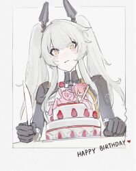 1girl 2girls animal_ears birthday birthday_cake blush cake candle character_request fake_animal_ears food grey_hair happy_birthday headgear highres holding holding_candle holding_knife karenina:_scire_(pgr) karenina_(pgr) knife long_hair long_sidelocks lucia_(pgr) mechanical_arms multiple_girls orange_eyes punishing:_gray_raven sidelocks strawberry_cake twintails zeyal_li_hai