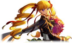 blonde_hair blue_eyes blunt_bangs bouquet code_geass code_geass:_lost_stories earrings flower from_side highres jewelry long_hair long_sleeves looking_at_viewer looking_back monica_kruszewski non-web_source official_art red_ribbon ribbon smile transparent_background twintails