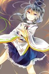 Rule 34 | 1girl, blue skirt, closed mouth, commentary request, frilled skirt, frills, grey background, grey eyes, grey hair, japanese clothes, kariginu, kutsuki kai, long sleeves, medium hair, mononobe no futo, one-hour drawing challenge, ribbon-trimmed sleeves, ribbon trim, skirt, smile, solo, touhou, wide sleeves