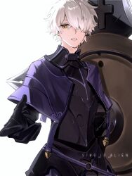 1boy armor artist_name black_armor breastplate cape capelet fate/grand_order fate_(series) full_armor galahad_(fate) gauntlets hair_over_one_eye highres holding holding_shield knight looking_at_viewer open_mouth outstretched_hand purple_capelet purple_hair reaching reaching_towards_viewer shield short_hair siho_is_alien simple_background solo white_background white_hair yellow_eyes