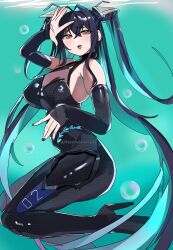1girl bare_shoulders black_hair black_nails blue_hair bodysuit breasts bubble colored_inner_hair detached_sleeves goddess_of_victory:_nikke hair_between_eyes hair_intakes hair_ornament high_heels highres little_mermaid_(nikke) long_hair massivedoontwei multicolored_hair smile twintails twitter_username yellow_eyes