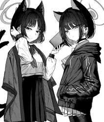 Rule 34 | 2girls, absurdres, animal ears, bakeneko, black eyes, black hoodie, blue archive, blush, book, cat choker, cat ears, cat girl, cat tail, choker, closed mouth, colored inner animal ears, commentary, extra ears, from side, furrowed brow, greyscale, hair ornament, hairclip, halo, hand in pocket, haori, highres, holding, holding book, hood, hood down, hooded jacket, hoodie, jacket, japanese clothes, kazusa (blue archive), kikyou (blue archive), kimono on shoulders, long sleeves, looking at viewer, monochrome, multiple girls, multiple tails, neckerchief, pantyhose, pleated skirt, sakana (whhy8883), school uniform, serafuku, shirt, short hair, simple background, skirt, standing, tail, tucking hair, two tails, white background