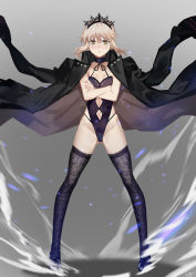 1girl artoria_pendragon_alter_(swimsuit_rider)_(fate) artoria_pendragon_alter_(swimsuit_rider)_(third_ascension)_(fate) artoria_pendragon_(fate) bare_hips black_jacket black_thighhighs blonde_hair blush breasts cleavage club3 crossed_arms fate/grand_order fate_(series) female_focus frown gluteal_fold highleg highres jacket lace lace-trimmed_legwear lace_trim legs_apart leotard looking_at_viewer saber_alter solo standing thighhighs tiara yellow_eyes
