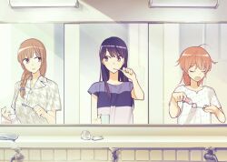 Rule 34 | bathroom, black hair, braid, brown hair, brushing teeth, cup, faucet, hair down, holding, holding cup, holding toothbrush, holding towel, koito yuu, mirror, nakatani nio, nanami touko, orange hair, pajamas, reflection, saeki sayaka, toothbrush, toothbrush in mouth, toothpaste, towel, yagate kimi ni naru