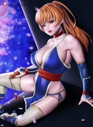 1girl breasts brown_hair cleavage covered_erect_nipples dead_or_alive dead_or_alive_6 highres kasumi_(doa) large_breasts lips long_hair ninja petals ponytail sitting thighhighs yiqiang