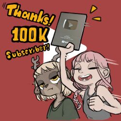 Rule 34 | 2girls, animal ears, antlers, bare shoulders, betty (studio wrong), blonde hair, braid, closed mouth, cropped torso, deer antlers, deer ears, deer girl, english text, green shirt, half-closed eyes, hand up, highres, holding, horns, multiple girls, open mouth, original, pink hair, pout, red background, seeka (studio wrong), shirt, short hair, sleeveless, studio wrong, teeth, twin braids, upper body, yellow eyes, youtube, youtube creator award