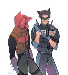 Rule 34 | 2boys, alternate costume, animal ears, animal hood, artist name, bad id, bad tumblr id, batman (series), belt, cat ears, cat hood, commentary, cropped legs, dc comics, dick grayson, english commentary, harness, hood, kemonomimi mode, looking at viewer, maple dc, multiple boys, nightwing, police, police badge, police uniform, policeman, red hood (dc), sketch, standing, superhero costume, thigh strap, twitter username, walkie-talkie, white background