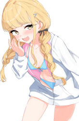 1girl absurdres bikini bikini_under_clothes blonde_hair blue_bikini blush braid breasts collarbone commentary_request fang fujita_kotone gakuen_idolmaster hair_ribbon highres idolmaster isocha jacket jacket_over_swimsuit kimi_to_semi_blue_(idolmaster) long_hair looking_at_viewer medium_breasts navel partially_unzipped revision ribbon simple_background skin_fang smile solo stomach swimsuit twin_braids two-sided_fabric two-sided_jacket white_background white_jacket yellow_eyes