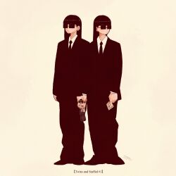 2girls black_hair black_necktie black_shoes black_suit collared_shirt doll english_text formal_clothes highres holding holding_doll long_hair multiple_girls necktie original rectangular_eyewear shirt shoes siblings signature simple_background sisters suit sunglasses syooooyoooo twins white_background white_shirt