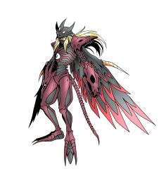 armor blonde_hair claws digimon digimon_(creature) duskmon fusion highres oh_sorry_01 oridigi original simple_background skull velgrmon white_background wings yellow_eyes