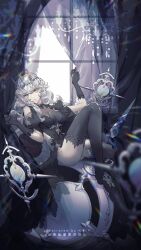 1girl artist_name bare_shoulders black_boots black_leotard black_thighhighs boots chandelier character_request clothing_cutout copyright_request curtains expressionless eyelashes full_body grey_hair high_heels highres indoors krab_(fumekrab) lace lace-trimmed_thighhighs lace_trim leotard light_rays long_hair messy parted_lips puffy_short_sleeves puffy_sleeves see-through_clothes see-through_leotard short_sleeves shoulder_cutout sitting sleeved_leotard solo thighhighs watermark window yellow_eyes